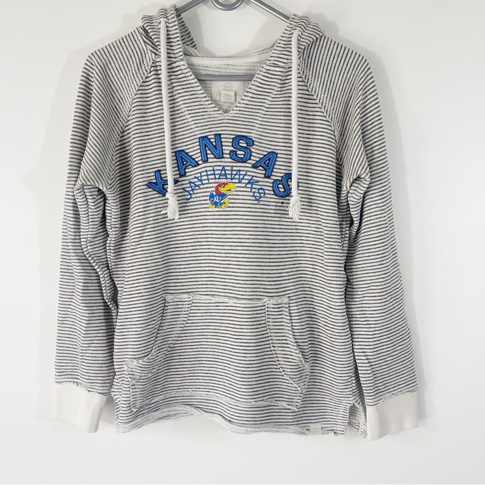 University of Kansas KU Jayhawks V Neck Pullover Hoodie Gray White Stripe Size S